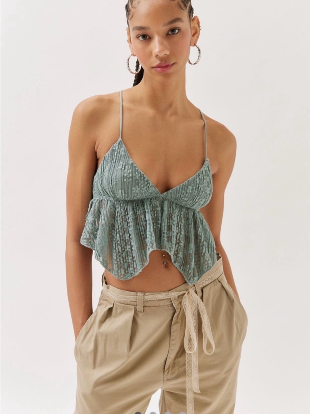 NWT Urban Outfitters Lace Cami Green Babydoll Crop Plunging Back Large